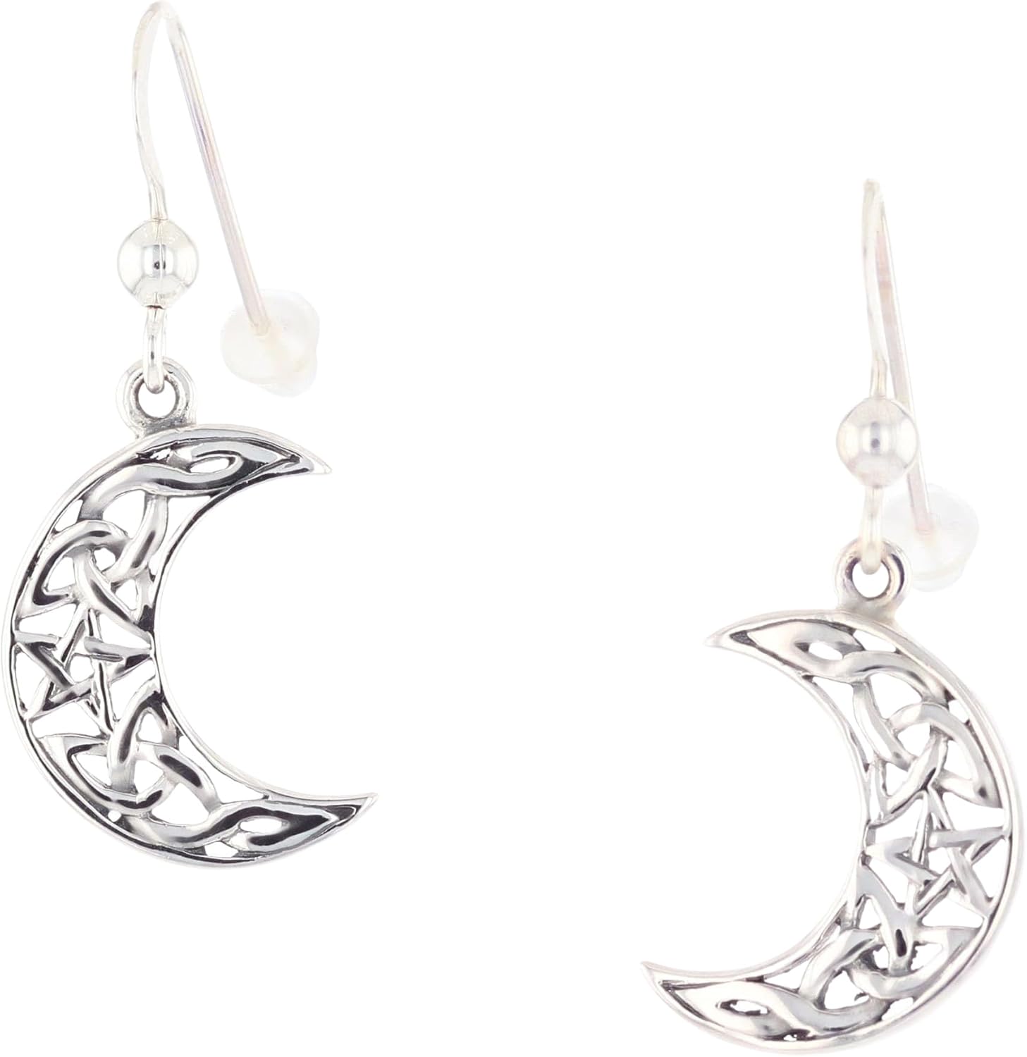 Jewelry Trends Sterling Silver Celtic Knot Crescent Moon and Star Pentacle Dangle Earrings