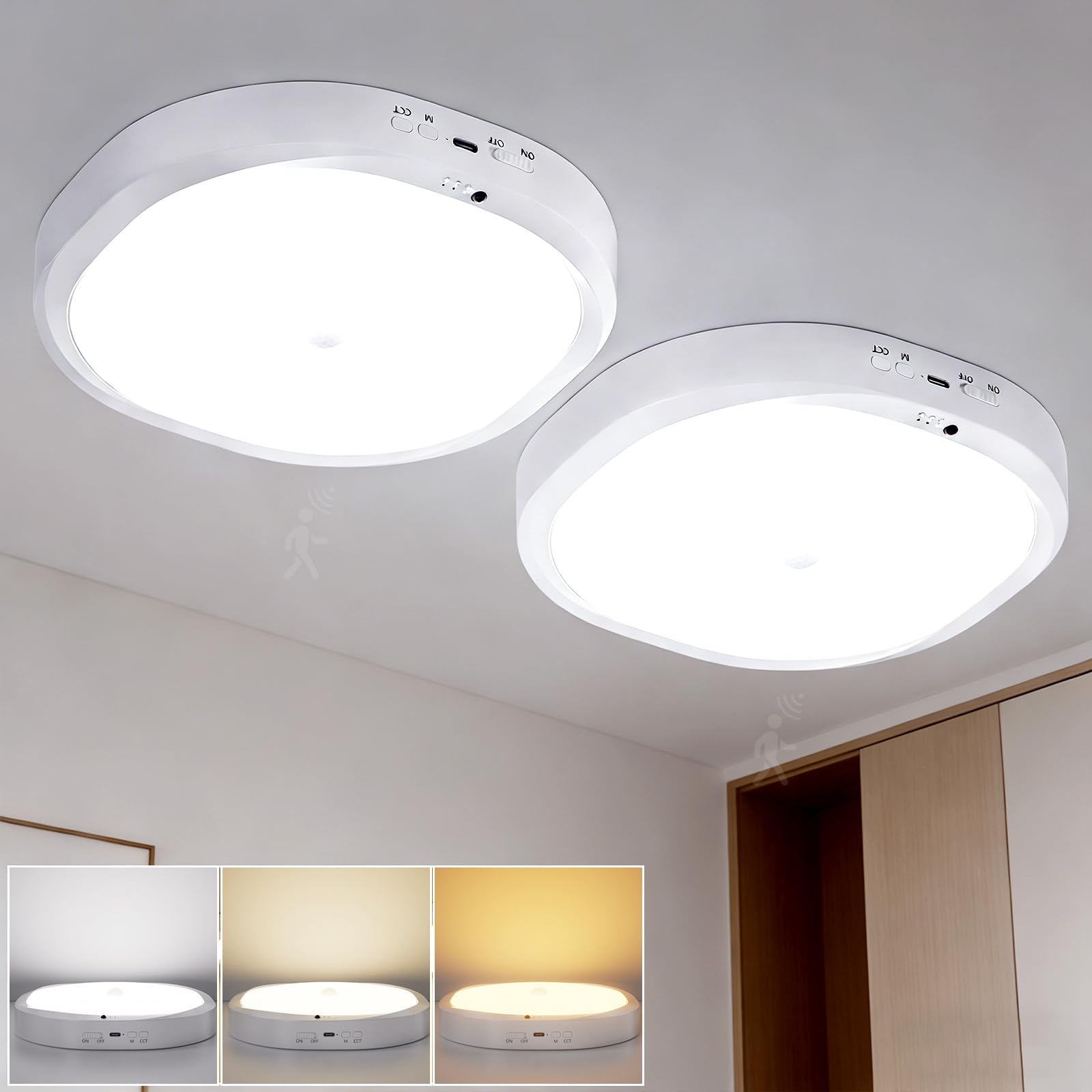 Plafonnier LED avec Batterie 10000mAh, Détecteur de Mouvement, 550LM, Lampe de Plafonnier Sans Fil Rechargeable,Luminaire a Pile, Lampe Plafond Batterie, pour Salle de Bain,Couloir,Escalier (2)