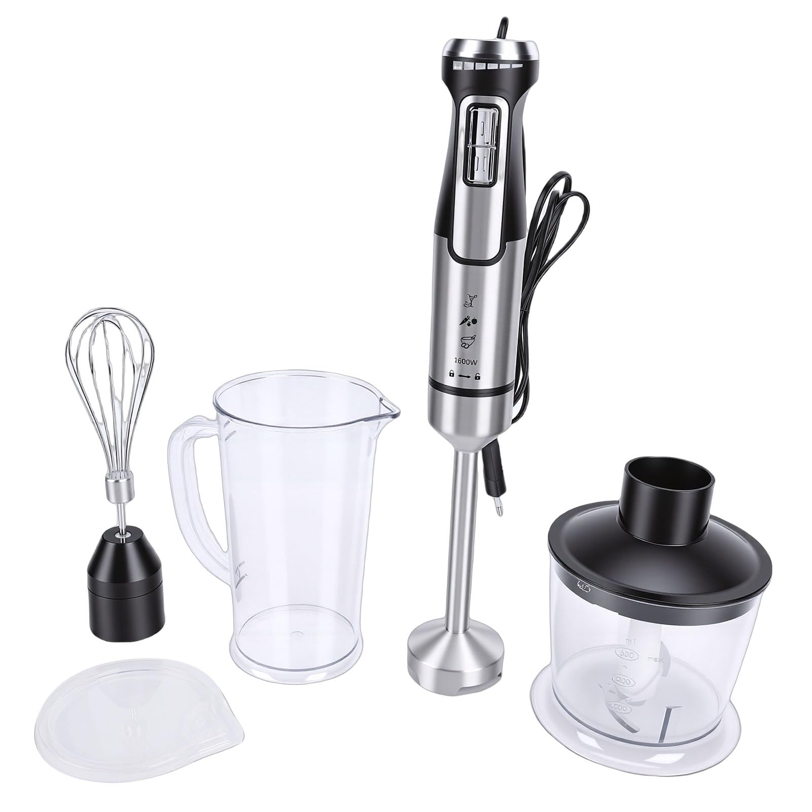 GLOGLOW Batidora de Inmersión, Acero Inoxidable, Batidora de Mano de 1600 W para Preparación de Sopas y Alimentos para Bebés, Procesador de Alimentos Portátil 5 en 1 para Jugos y (UE 220-240v)