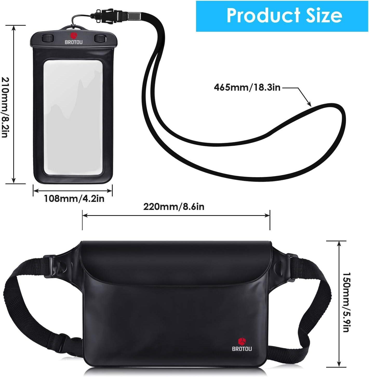 BROTOU Waterproof Phone Pouch,Large Waterproof Bag with Fanny Pack, Dry Bags for Kayak, Waist Pouch Bag for Beach, Boating, Sailing, Swimming Compatible for 14/13 Pro/11 Pro/XR/XS/X/8/7 Galaxy S10