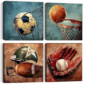 4PC Sports Canvas Wall Art Framed Boys Room Decor Rustic Football Baseball Basketball Soccer Wall Decor Sport Theme Posters Vintage Canvas Prints Picture Artwork Playroom Boys Bedroom Decor