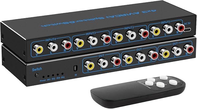 AV Switcher RCA Switcher Selector 4x3 RCA Switcher Distribution 4 Inputs 3 Outputs 1080P 60Hz AV Switcher for VCR, VCD, DVD Player, Video, PS3, Camera Recorder, Video Game, with IR Remote