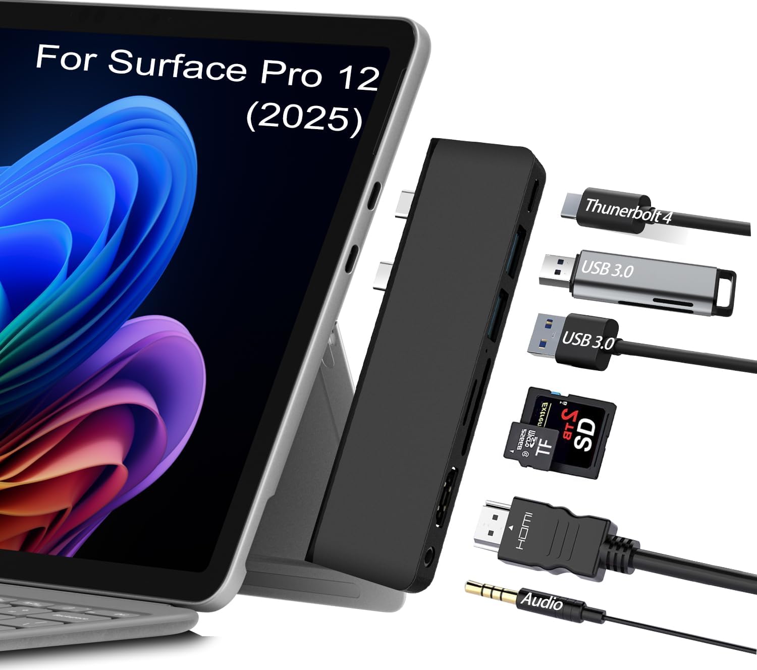 Surface Pro 12 USB Hub Adapter, Docking Station with 4K HDMI, USB-C Thunderbolt 4 (Display+Data+100W PD), 2 USB 3.0, 3.5mm Audio, SD/TF Card Slot, Accessories for Surface Pro 12 inch 2025