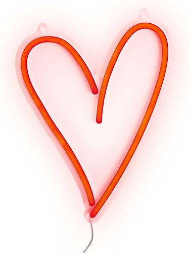 Amped & Co Luz de neón LED de corazón, decoración de habitación para colgar en la pared, rojo, 13.8 x 10.25 pulgadas, cable transparente con