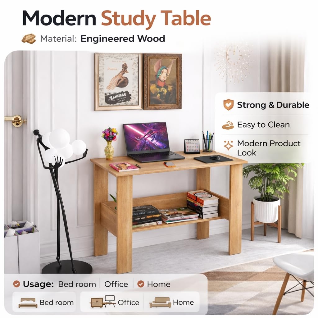 SPYDER CRAFT Modern Specio Engineered Wood Study Table with Storage Shelf | Clean Minimalist Computer Desk for Home, Office, & Bedroom | Durable & Easy to Clean (Oak) (Assembly_DIY)