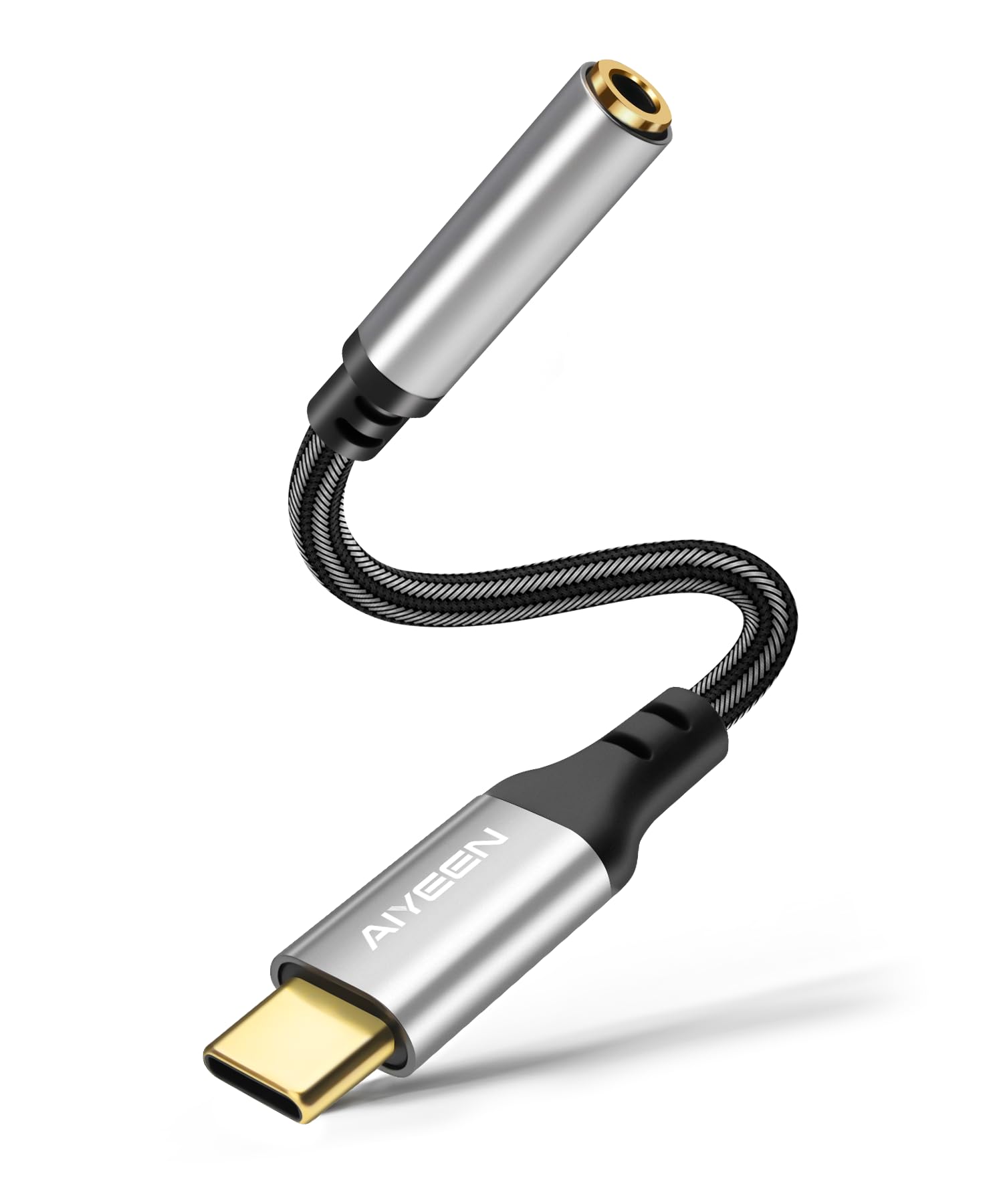 Type-C to 3.5mm Headphone Adapter, Silver USB C to Aux Stereo Converter Cable with Hi-Res DAC Sound Card Chip, Braided Nylon, 13cm – Silver