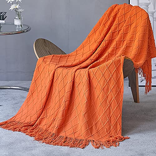 AdirHome Wohndecke Weich Strick Wolldecke Quaste Kuscheldecke Sofadecke Schlafdecke Decke Strickdecke Heimdekoration, weich, warm, gemütlich, leicht, für Frühling, Sommer, Herbst (Orange,130x180 cm) Cover