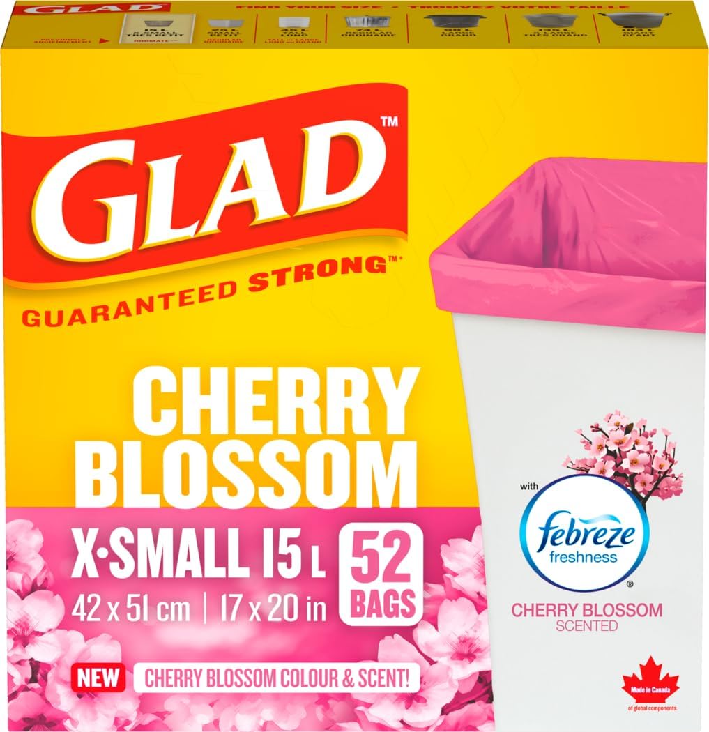 Glad Cherry Blossom colour and scent Garbage Bags - X-Small 15 Litres - Febreze Freshness, 52 Trash Bags