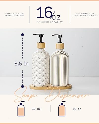 Miniatura 3 de Getstar Juego de 2 dispensadores de jabón para manos y platos, dispensador de jabón de cerámica para baño y cocina con bomba y bandeja a prueba de