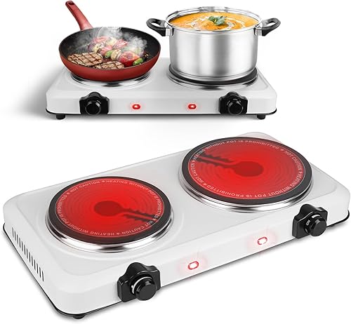 Estufa eléctrica portátil, estufa eléctrica de doble quemador de 2000 W, quemadores infrarrojos para cocinar, quemadores dobles con placa de vidrio