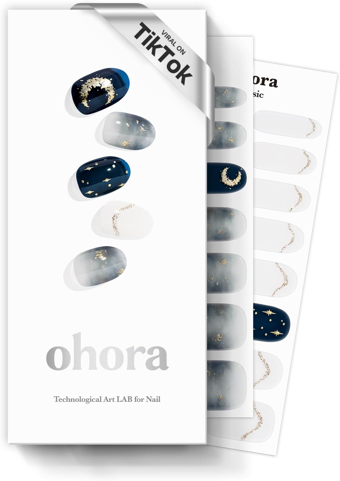 Semi Cured Gel Nail Strips (N Moonlight) - Dark, Patterned, Works with Any UV/LED Lamps, Salon-Quality, Long Lasting, Easy to Apply & Remove - Includes 2 Prep Pads, Nail File & Wooden Stick