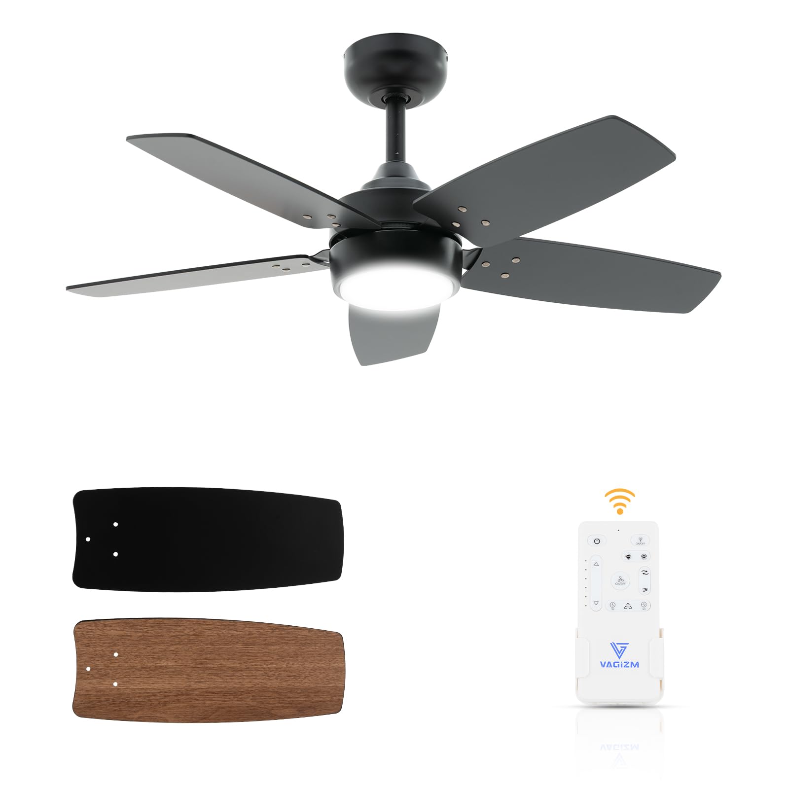 Vagizm Ceiling Fan 36'' for Small Room: Matte Black Modern Fans with Light Remote Control - Reversible Quiet DC Motor Dimmable with 6 Speeds for Small Bedroom Office - 230V — image 1