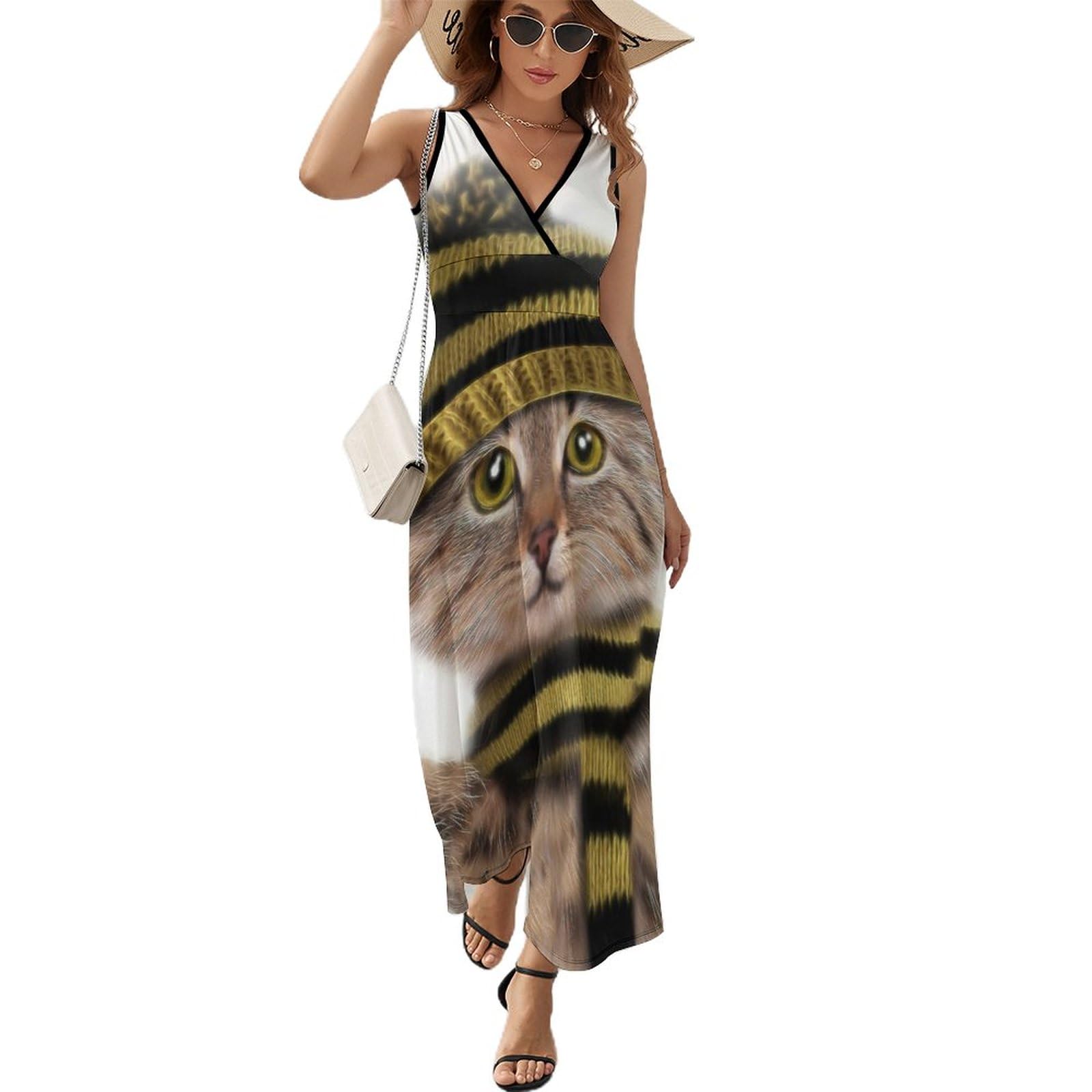 Robe d'été sans manches imprimé chat avec écharpe et coupe maxi fluide - 8