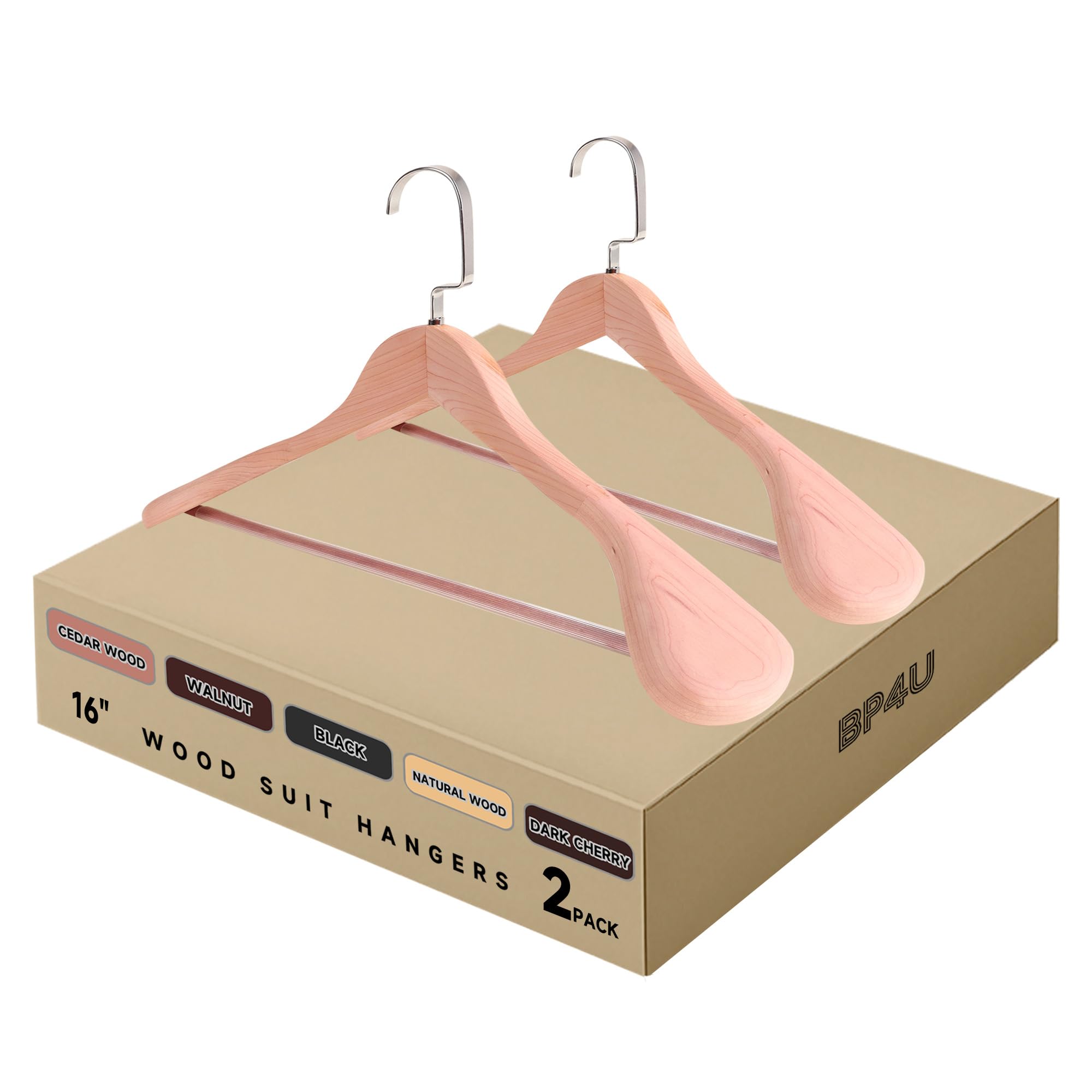 Kleiderbügel aus Holz mit rutschfester Hosenstange, 40,6 cm, 2 Stück, extra breite Schulterbügel, Flachkopfhaken für Anzüge, Mäntel, Jacken, Hemden, Hosen und schwere Kleidung (Zedernholz)