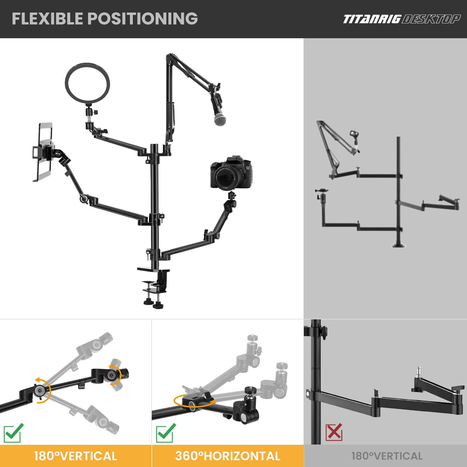 TARION Supporto Fotocamera da Tavolo con Braccio: Supporto DSLR Morsetto Flessibile da Tavolo con Bracci Snodato per Anello Luminoso Microfono Fotografia Video Streaming Titanrig Desktop