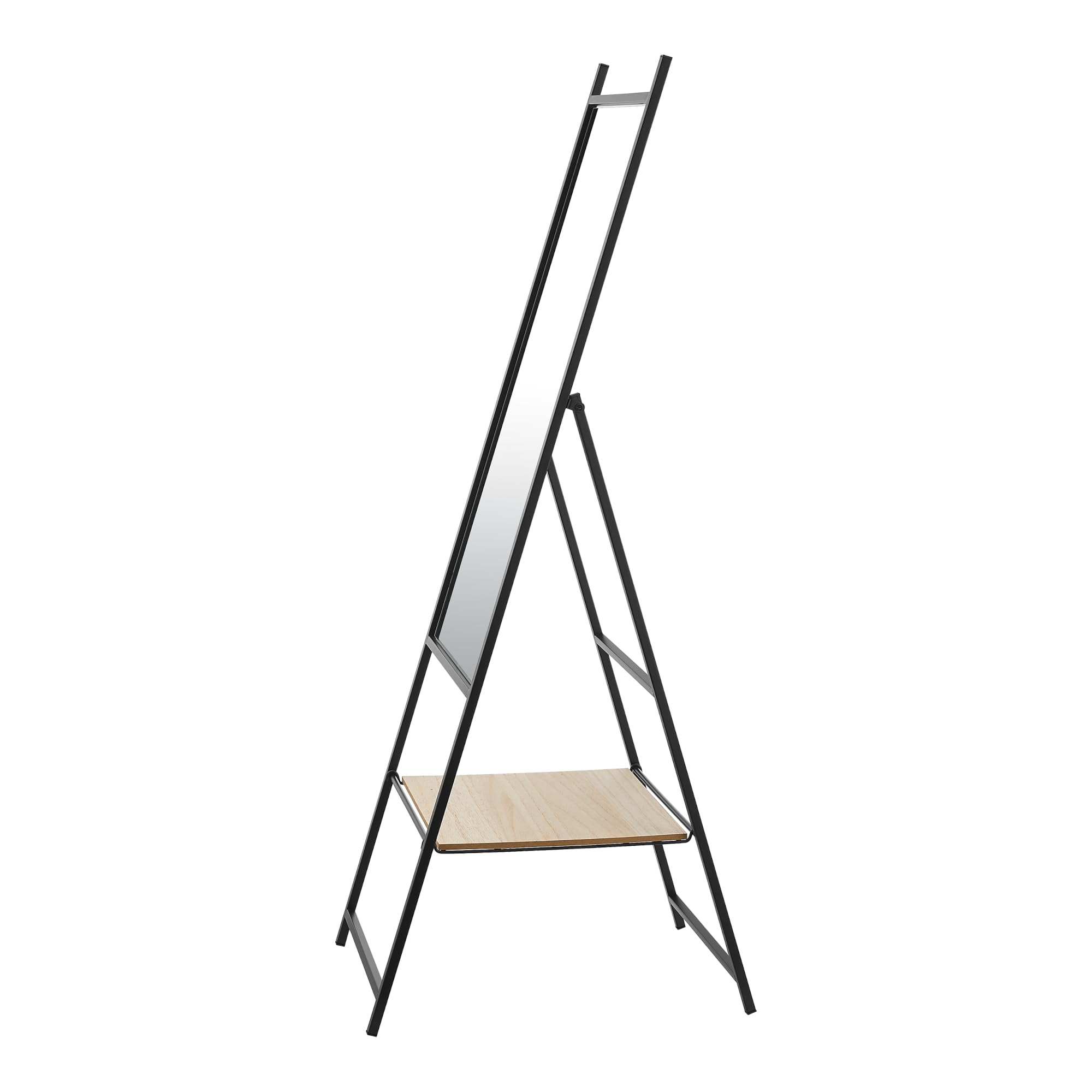 [en.casa] Espejo de Pie Cuerpo Entero con 1 Estante de Color Roble Rectangular Plegable con Pata Ajustable Práctico para Baño Metal MDF 150 x 44 x 60 cm - Negro