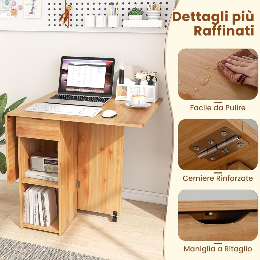Shally Dogan Tavolo da Pranzo Pieghevole Salvaspazio con Ruote, Scrivania Richiudibile con 2 Ripiani e 1 Cassetto, Design Moderno Multiuso Ideale per Casa, Ufficio, 120 x 77 x 75 cm (Legno)