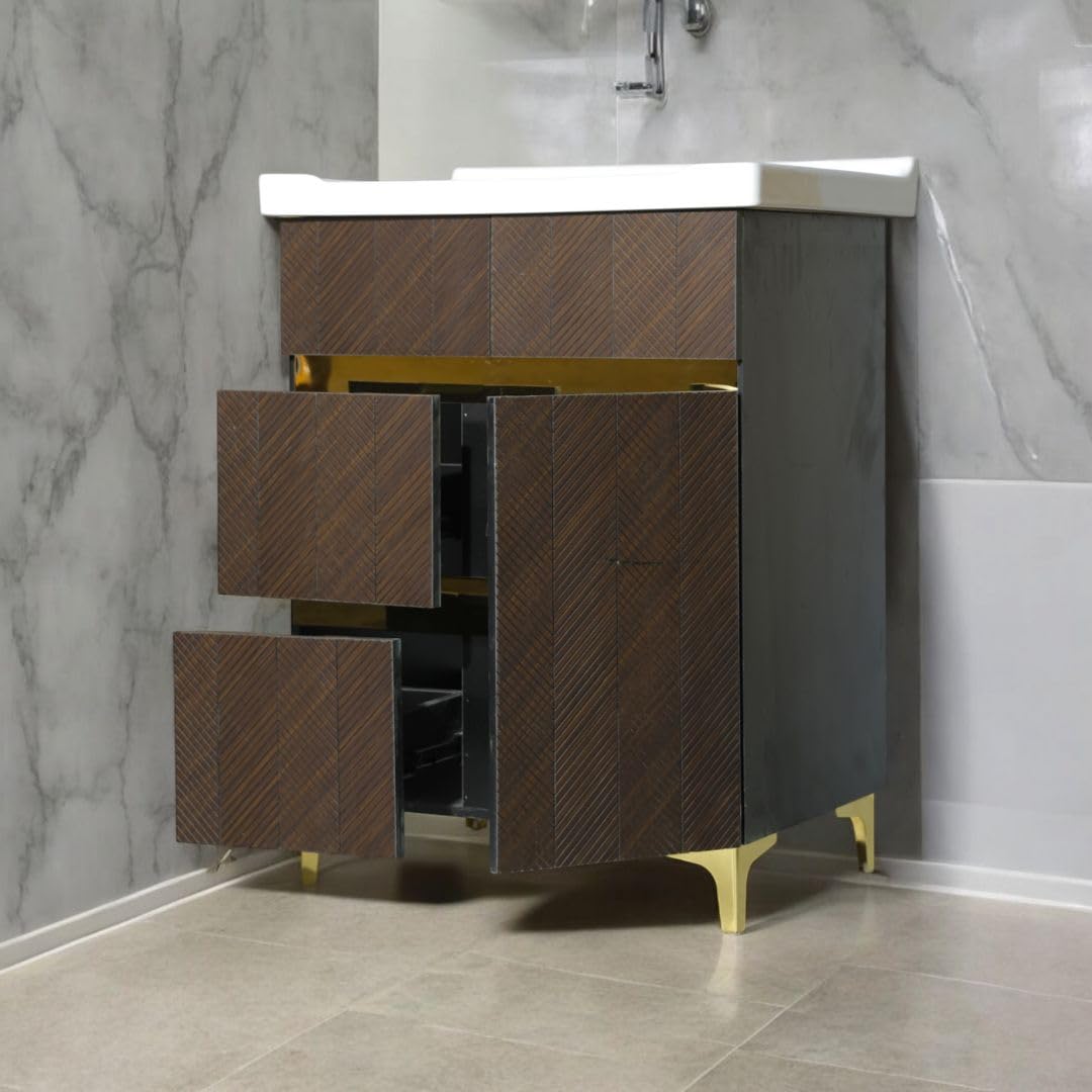 Premium HDHMR Plywood Vanity with Wash Basin | Water & Termite Resistance | Pearl Copper Color & Gold Patti Cabinet for Bathroom, (Size- 24x18x32 Inch) - 8029P