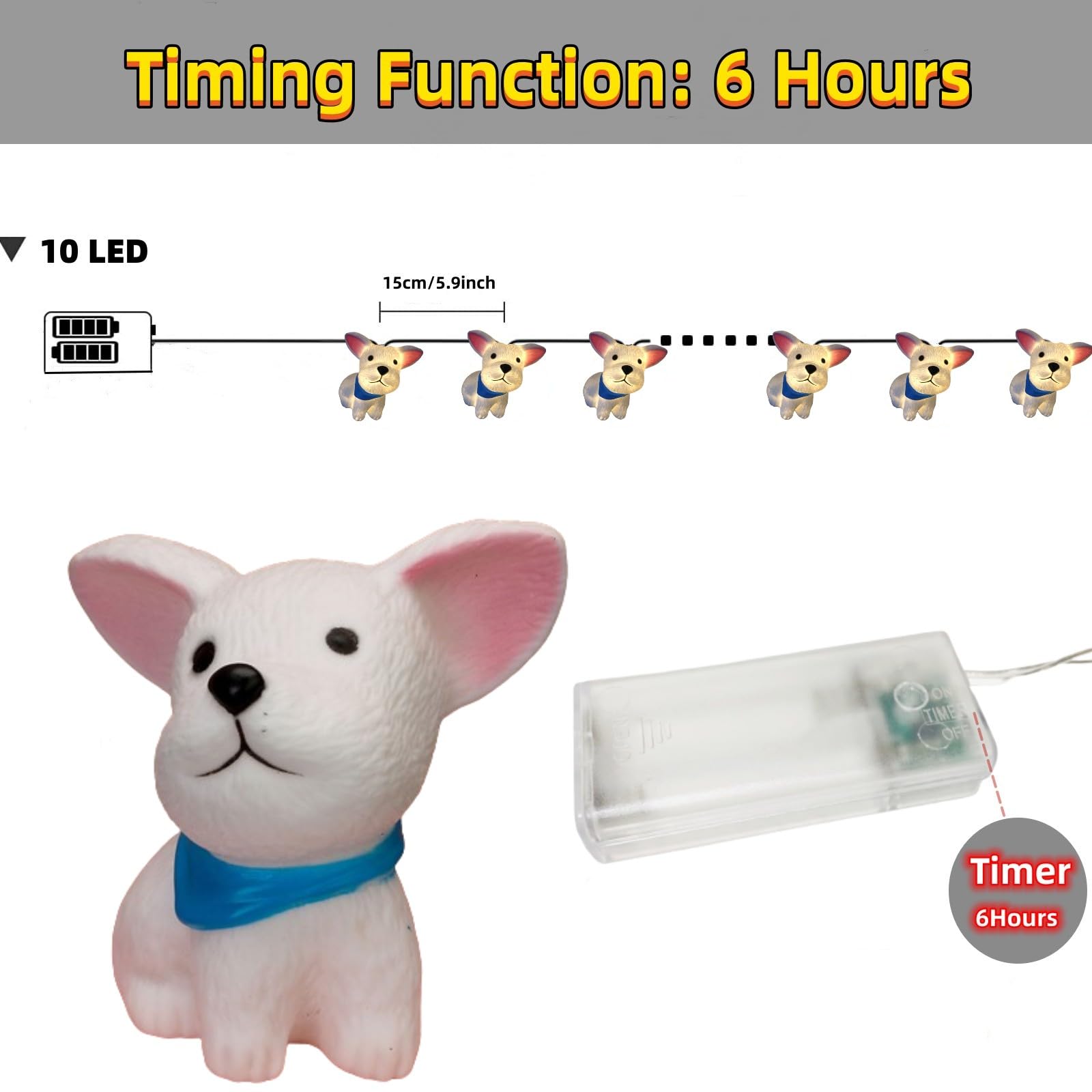 Cadena de luces de 1,65 m, funciona con pilas, con función de temporizador, 10 LED, luz nocturna, cadena de luces para niños, dormitorio, Navidad, Halloween, cumpleaños, decoración (perro