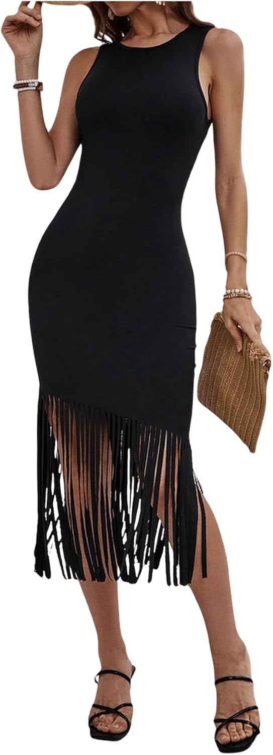 SweatyRocks Women's Fringe Bodycon Midi Dresses Crew Neck Sleeveless Going Out Slim Fit Sundress