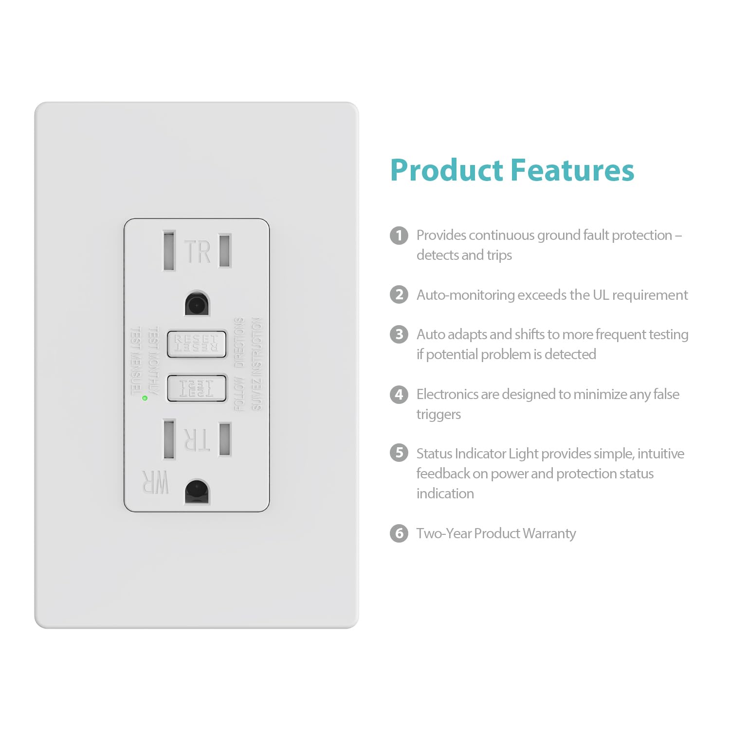 WEBANG Tomas GFCI, resistentes a manipulaciones y a la intemperie, receptáculo GFCI con indicador LED, placas de pared sin tornillos con diseño más delgado, 15 amperios/125 voltios, certificación ETL