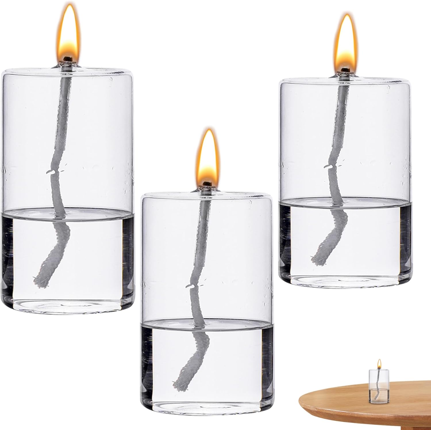 Glass Oil Lamp 3Pcs Round Transparent Smokeless Refillable Decorative Oil Candle Odor-Free Oil Lamp for Dining Table Wedding Centerpiece , Oil Candle, Glass Oil Lamp