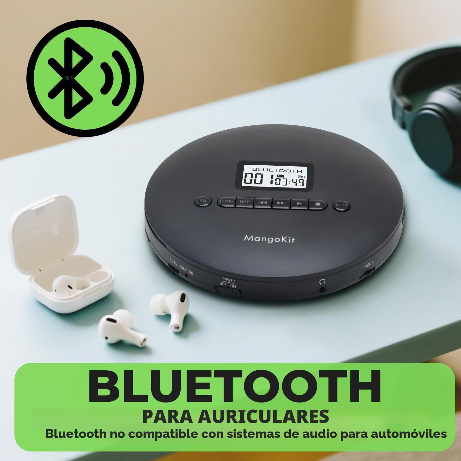 CD-X Reproductor CD Portátil, Bluetooth, Recargable, Antisalto | AUX para coche, batería 12h, lee CD/CD-R/CD-RW/MP3/WMA, carga USB, auriculares incluidos, ideal para viajar y audiolibros