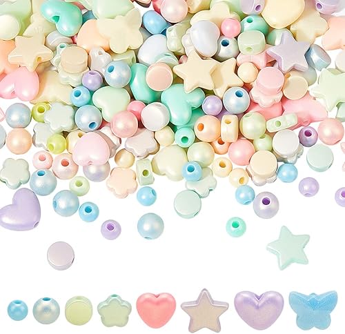 AHANDMAKER 220 cuentas de plástico pastel, cuentas acrílicas de gelatina de imitación, cuentas acrílicas redondas de corazón de estrella, cuentas de