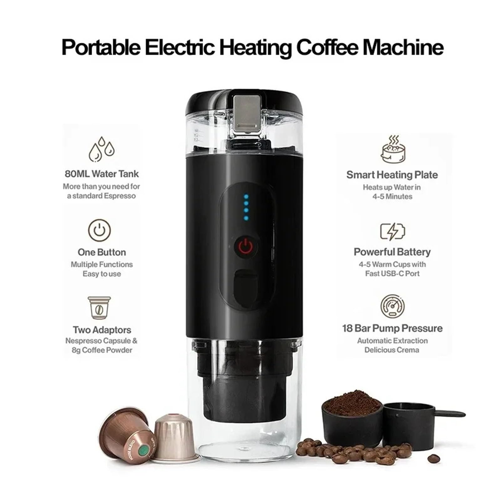 Macchina da Caffè Espresso Portatile, Macchina for caffè portatile Macchina for caffè da viaggio compatibile con capsule e polvere di caffè Ricarica USB for auto e ufficio all'aperto per viaggi, campe