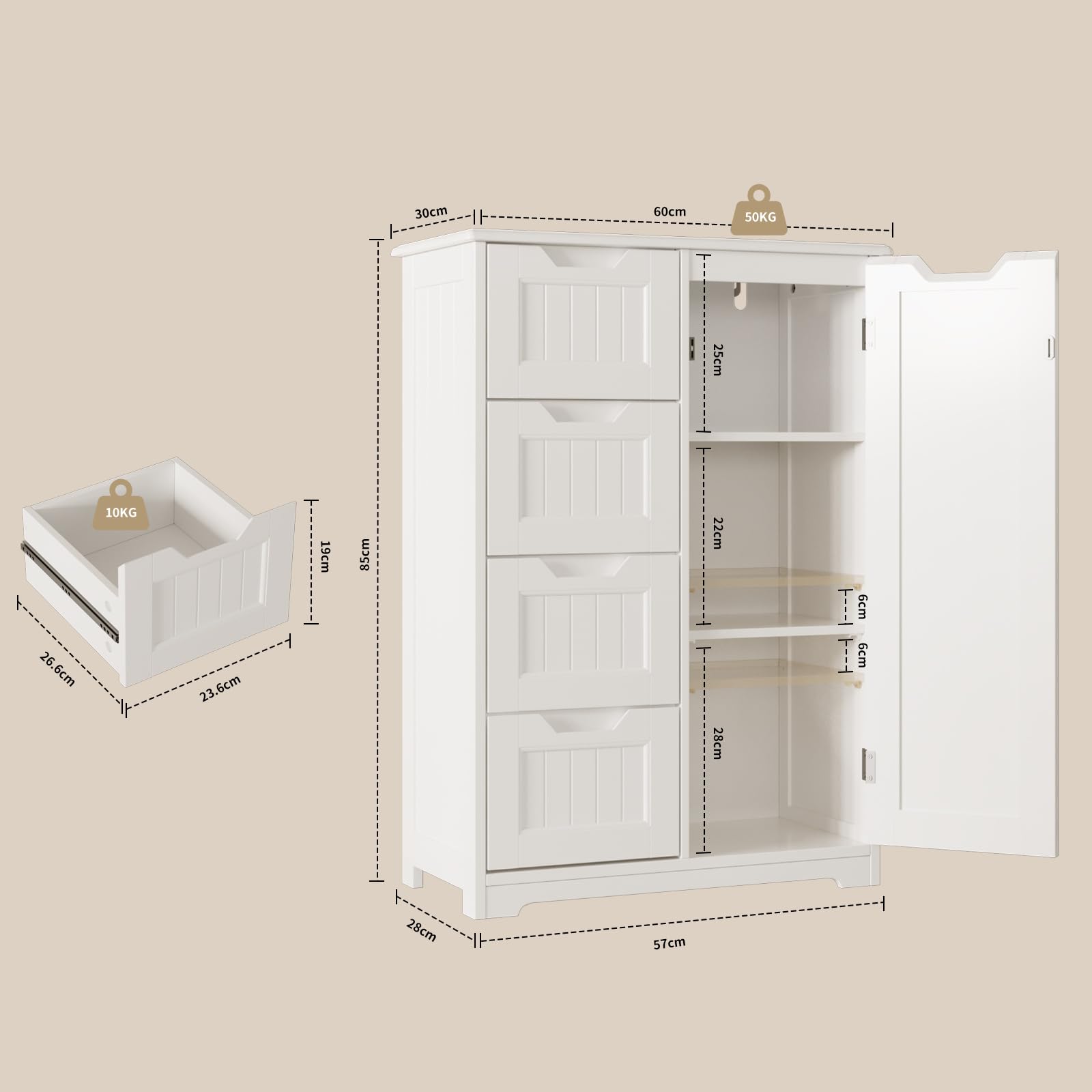 Bealife Aparador de Cocina, Mueble de baño con 4 cajones y 1 Puerta, aparador con estantes Ajustables para Cocina, baño, salón y Dormitorio.30 x 60 x 85cm(Blanco)