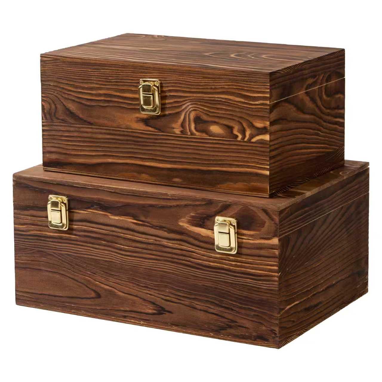 FORBRADS Set of 2 Vintage Bown Wood Boxes with Hinged Lid & Metal Latch, Wooden Crates Set for Photos, Letters, Crafts & Home Organization, Farmhouse