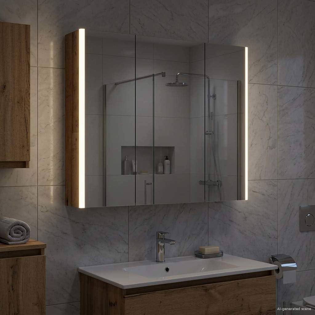 Szafka łazienkowa z lustrem z regałem, stare drewno z materiału drewnopochodnego, 73,5 x 15,5 x 70 cm, montowana na ścianie, z oświetleniem LED i dwukierunkowym lustrem do nowoczesnej łazienki