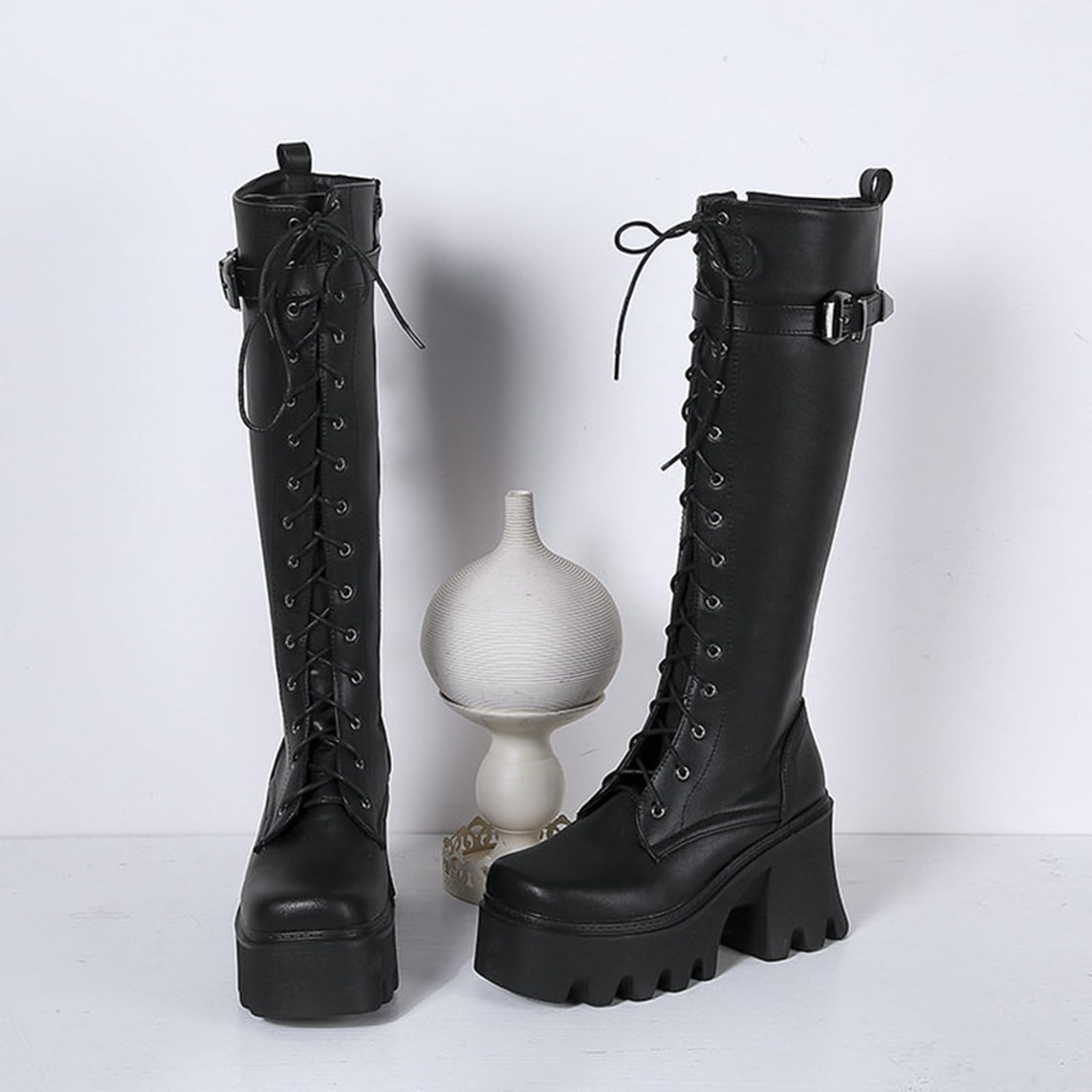9CM/ 3.54IN Nuevo otoño e Invierno con Cordones Botas Altas Suela Gruesa tacón Grueso Super High Heel Rider Botas Botas hasta la Rodilla