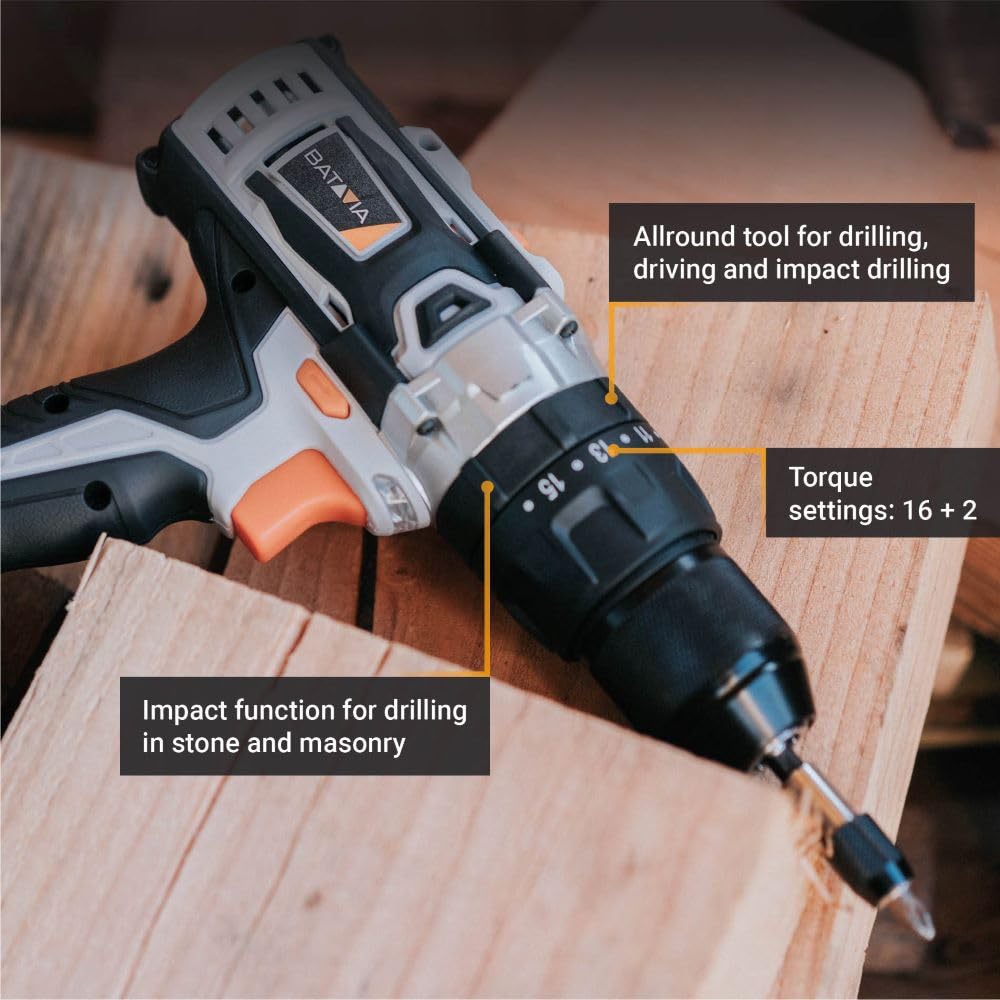 Trapano avvitatore a percussione a batteria, 18 V, con 2 batterie da 2,0 Ah e caricatore rapido