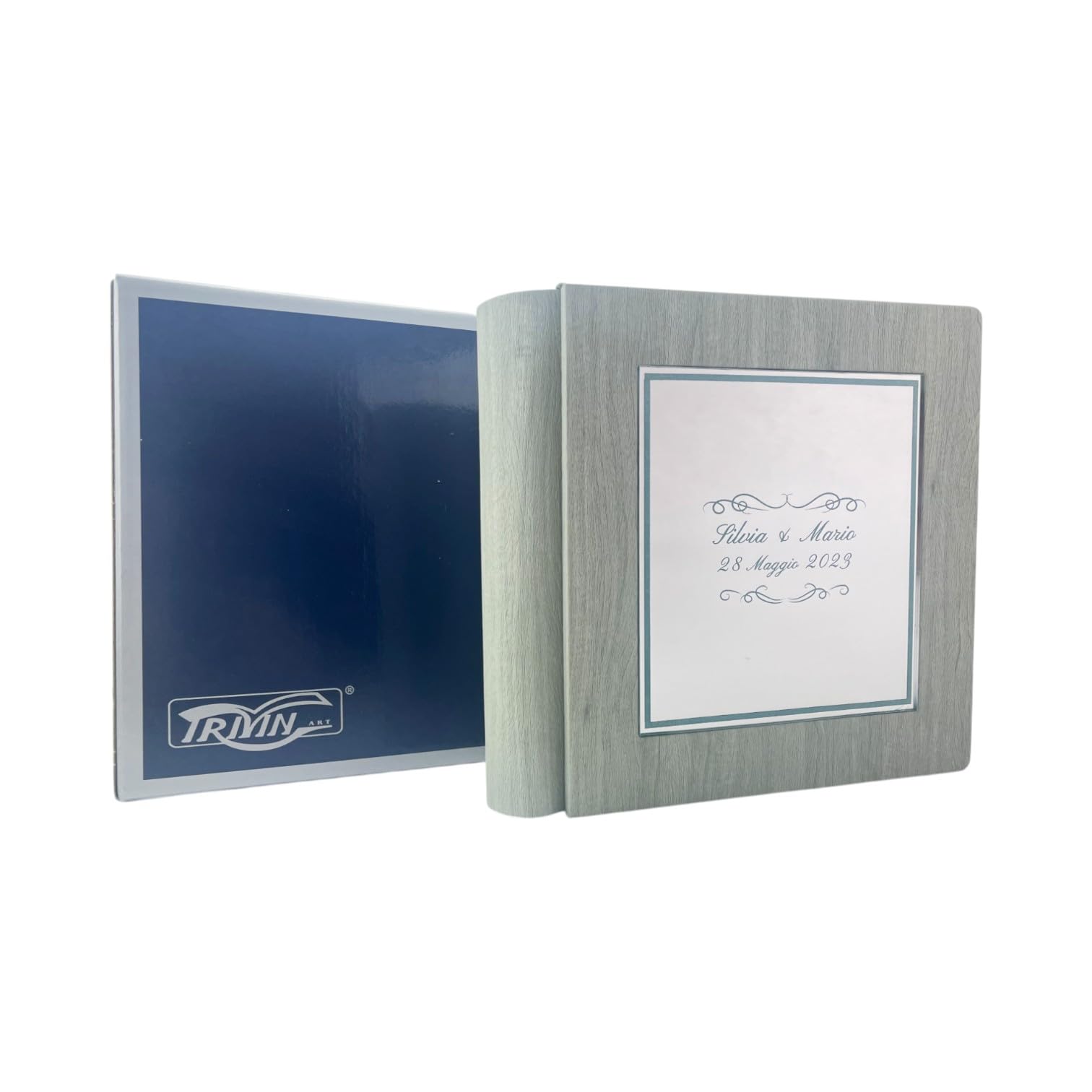Album fotografico -Giove Mirror- in ecopelle effetto legno con riquadro Plex Specchio leserato e colorato personalizzabile, classico con velina, Nozze Comunione Anniversario Matrimonio (Verde Acqua)
