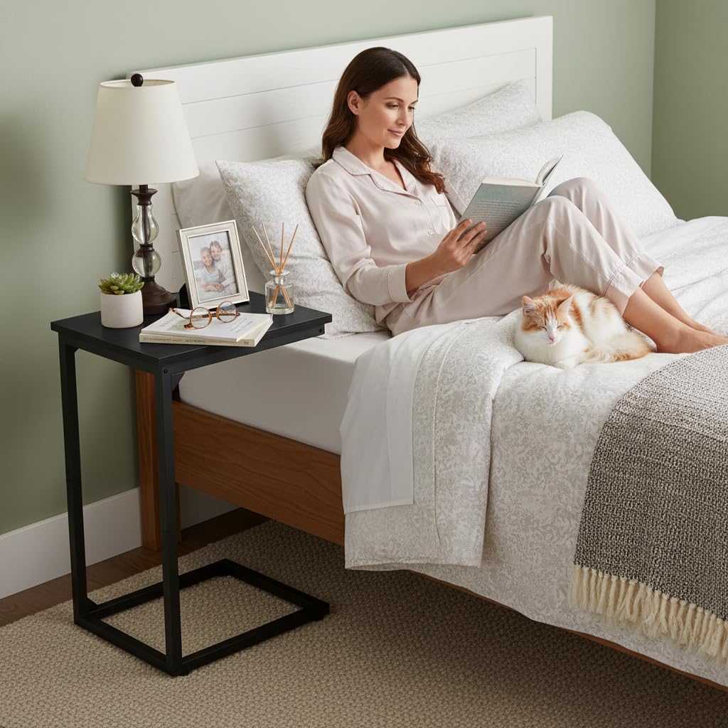 AMHANCIBLE Beistelltisch 2er Set, Couchtisch C Form, Wohnzimmertisch mit Metallgestell, mobiler Kaffeetisch, Sofatisch für Kaffee und Laptop, Beistelltisch Couch für Schlafzimmer, Wohnzimmer, Schwarz