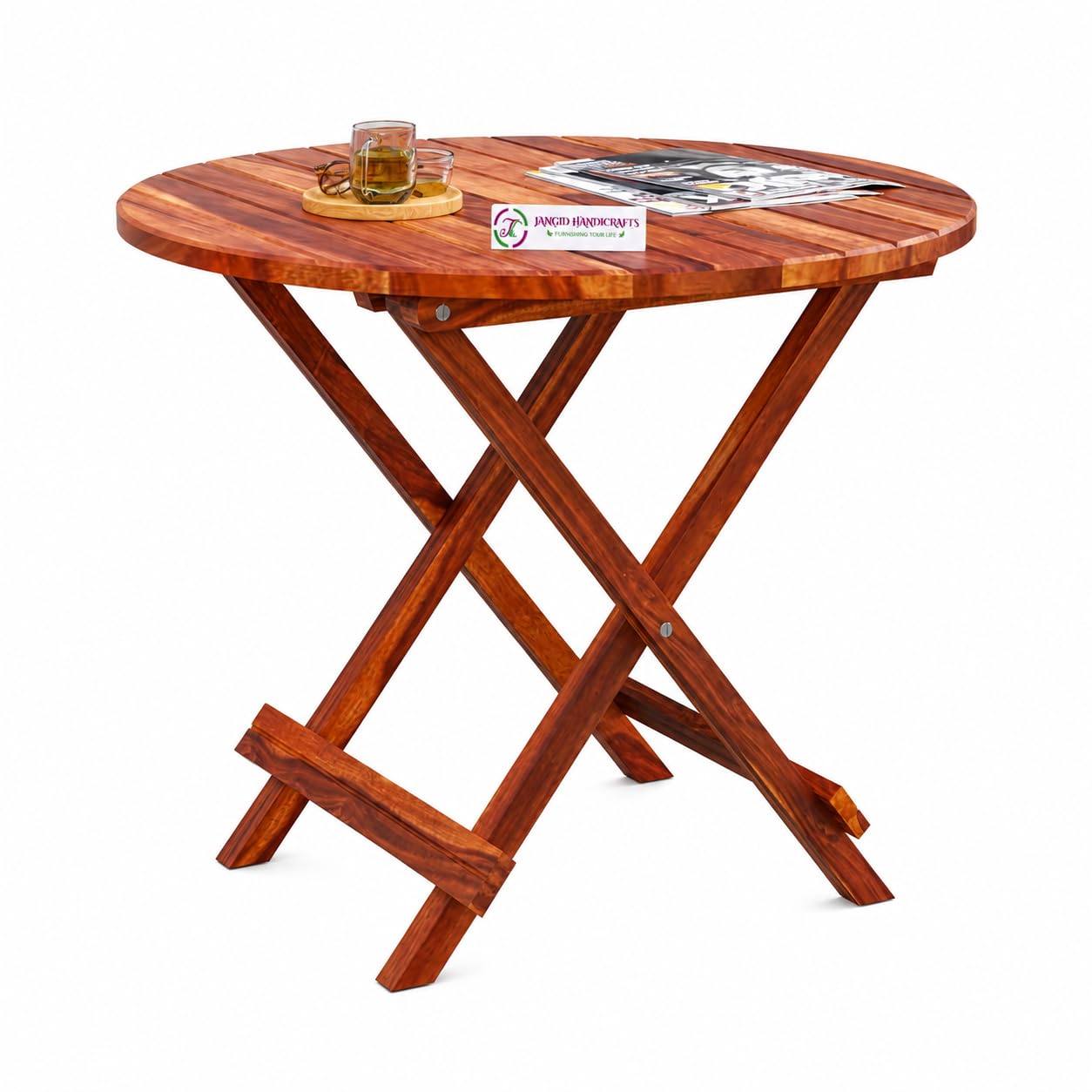 Patio Folding/Foldable Coffee Table for Garden, Outdoor & Balcony, Round, Solid Wood Sheesham, Honey Finish-picture-32