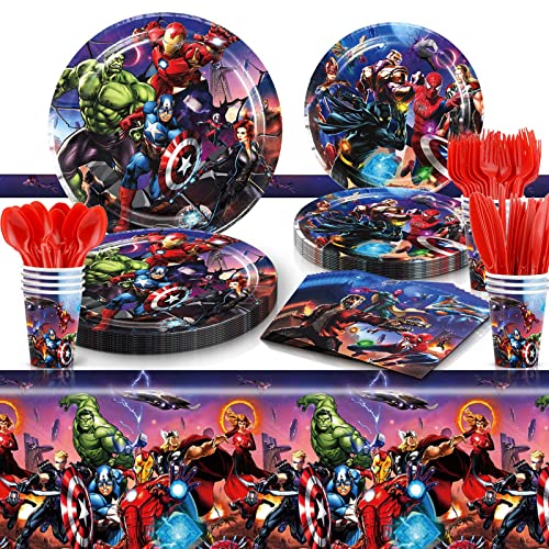 TUXUNQING 81 Stück pappteller Kindergeburtstag, Pappteller Kindergeburtstag Set, Set Partygeschirr Geburtstag mit Pappteller, Gabeln, Spoos, Servietten, Messer, Pappbecher, Tischdecke für 10 Gäste Cover