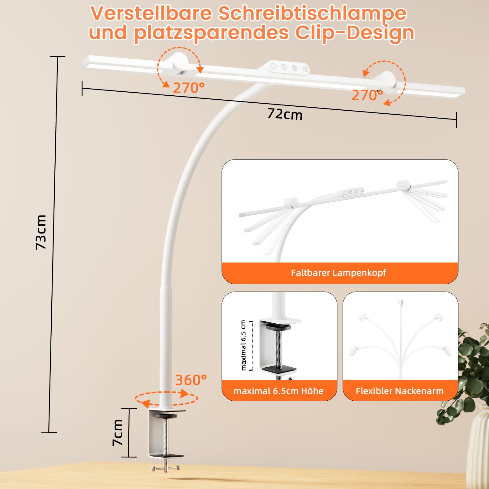 TYEE Schreibtischlampe LED Dimmbar, 24W 3-Lichtbalken LED Schreibtischlampe für Homeoffice, 1500LM Augenschutz Tageslichtlampe mit Fernbedienungen, 5 Farb 5 Helligkeit Büro Tischlampe (Weiß)