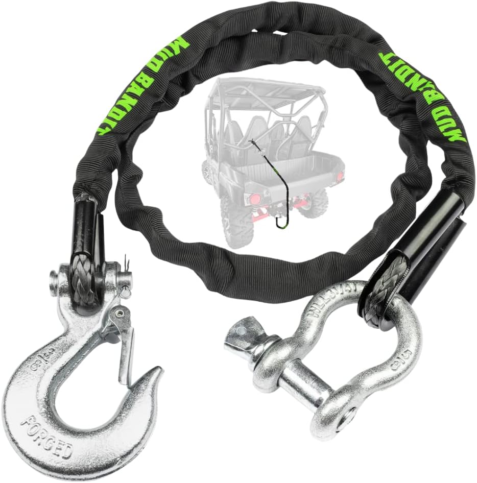 Original 4ft ATV Recovery Strap with Winch Hook and D Ring Shackle, Tow Rope for Four Wheeler, Quad, 12,300lb Synthetic Rope with Loops, Premium Mudding Accessories