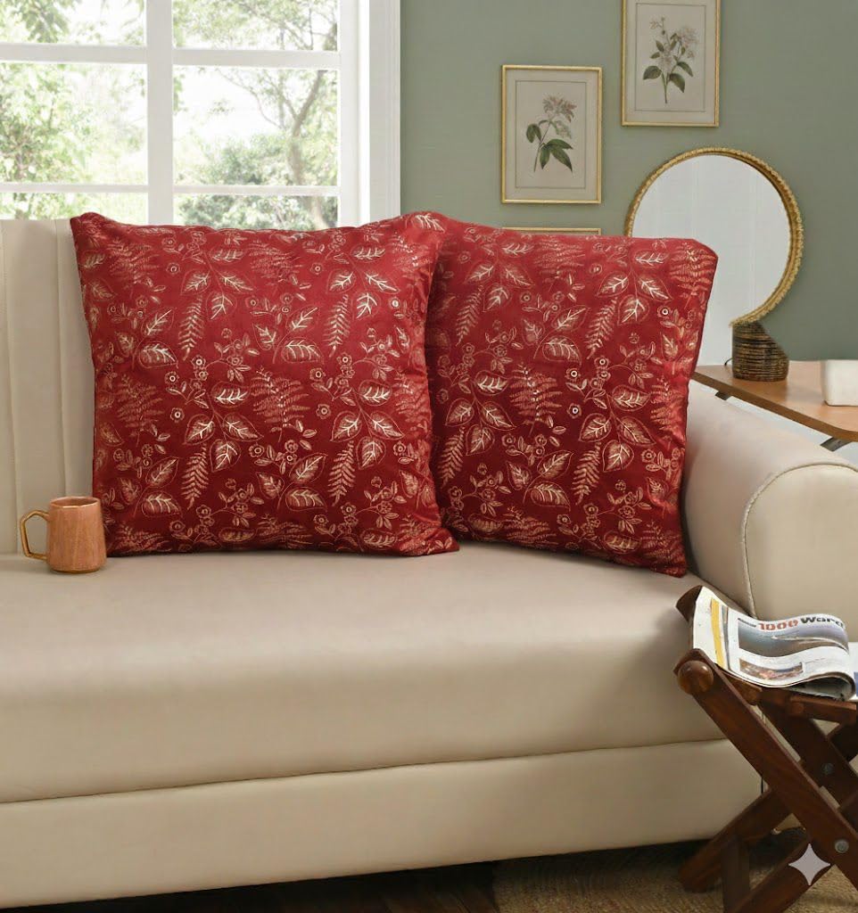 Flower Velvet Cushion Cover 21 Inch x 21 Inch Set of 2. (Maroon)-image-45