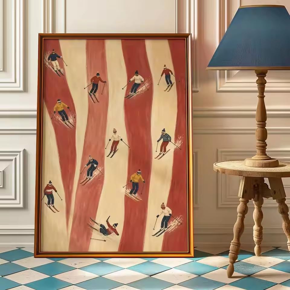 MAIMANG Retro-Leinwandposter „Rote Skifahrer“, Vintage-Après-Ski-Leinwanddruck, Preppy-Wintersport- und Berghütten-Dekorposter (70 x 100 cm/Rahmenlos)