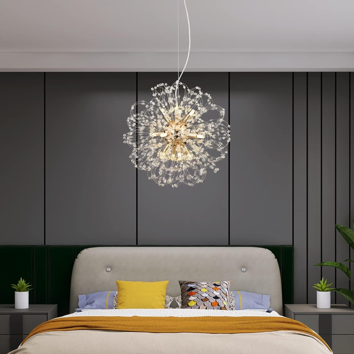 Modern Dandelion Chandelier, Sputnik Crystal Beaded Ceiling Lamp with Gold Finish, Round Sunflower Pendant Light Fixtures for Dining Room Bedroom Foyer Farmhouse (Gold 12Lights)