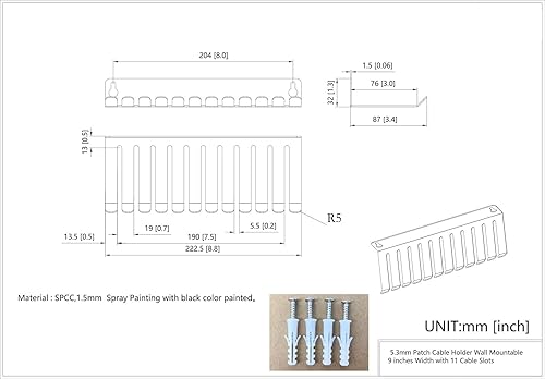 Miniatura 2 de Soporte organizador de cables para colgar en la pared con 11 ranuras o almacenamiento de cables de gestión de cables (9INCBH)