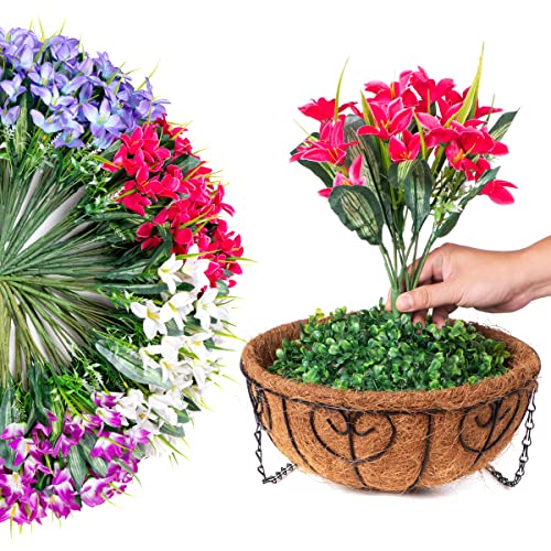 Artificial Flowers Hanging In Basket, Artificial Hanging Lilies Arrangement With 12 Inch Coconut Lining Basket For Patio Garden Porch Deck Decoration(Blue) #TOP1