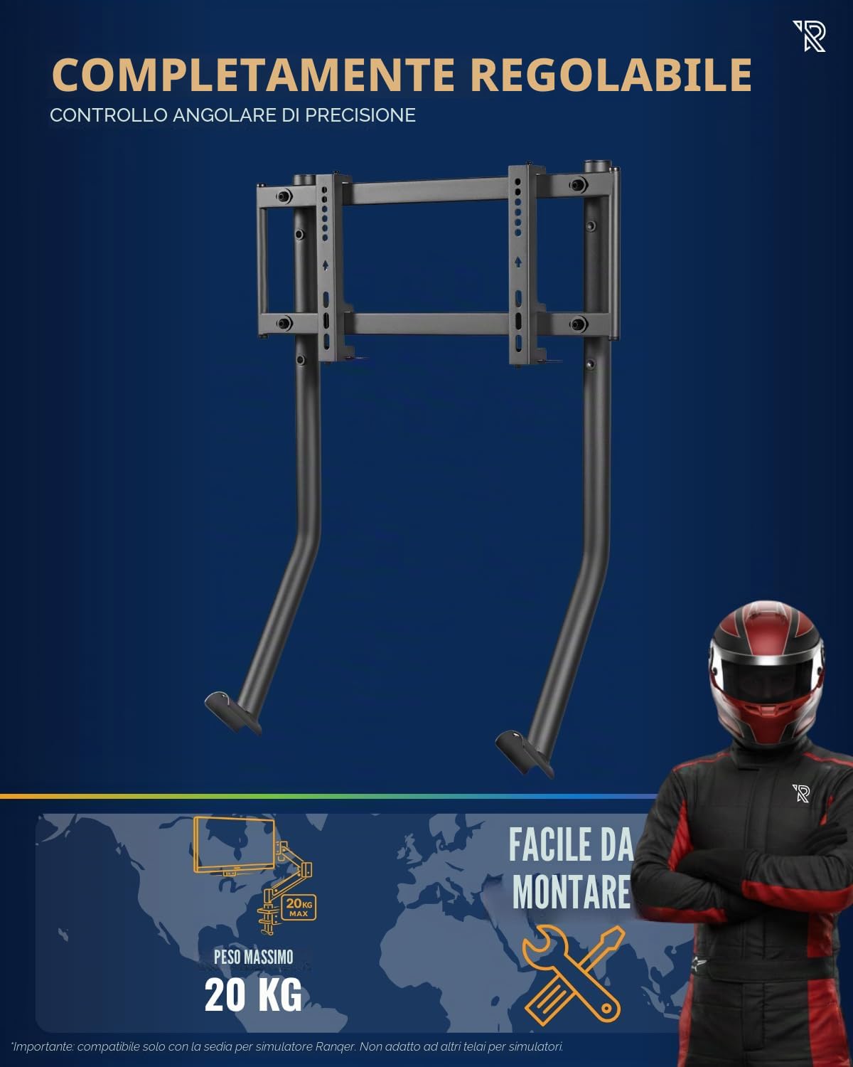 Supporto Monitor Per Simulatore Di Guida, Compatibile Con Sedie Da Corsa Ranqer, Regolabile 10°, Per TV 32-50'', Metallo Nero Con Rivestimento Antigraffio E Viti Incluse