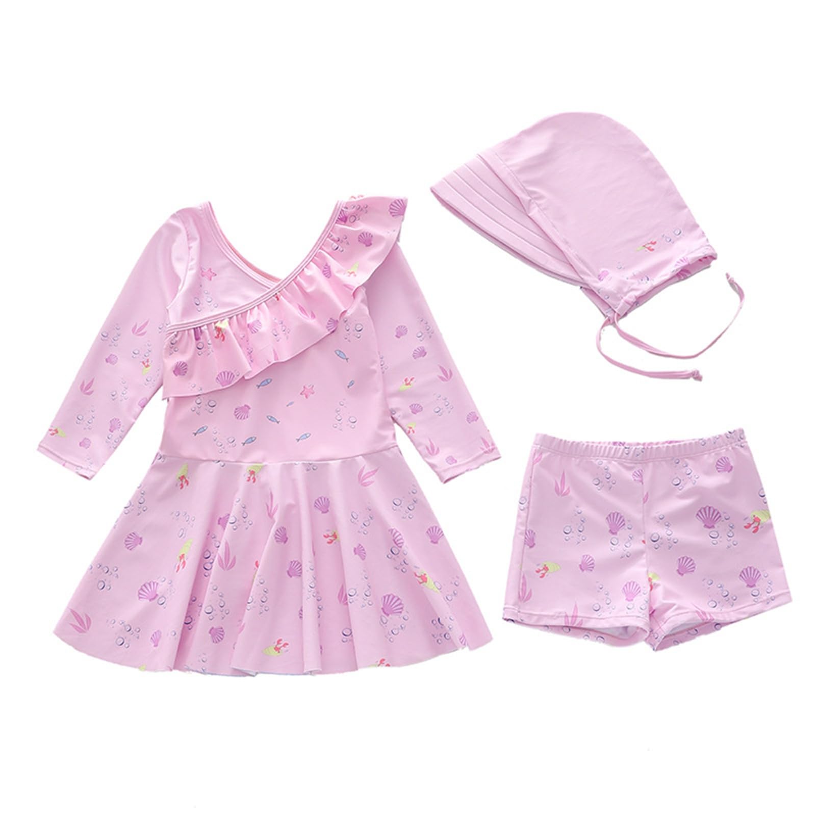 Traje de baño de verano para niños y niñas, de dos piezas, con falda y gorro de baño a juego, bonito tankini con volantes para niños mayores, adolescentes y jóvenes