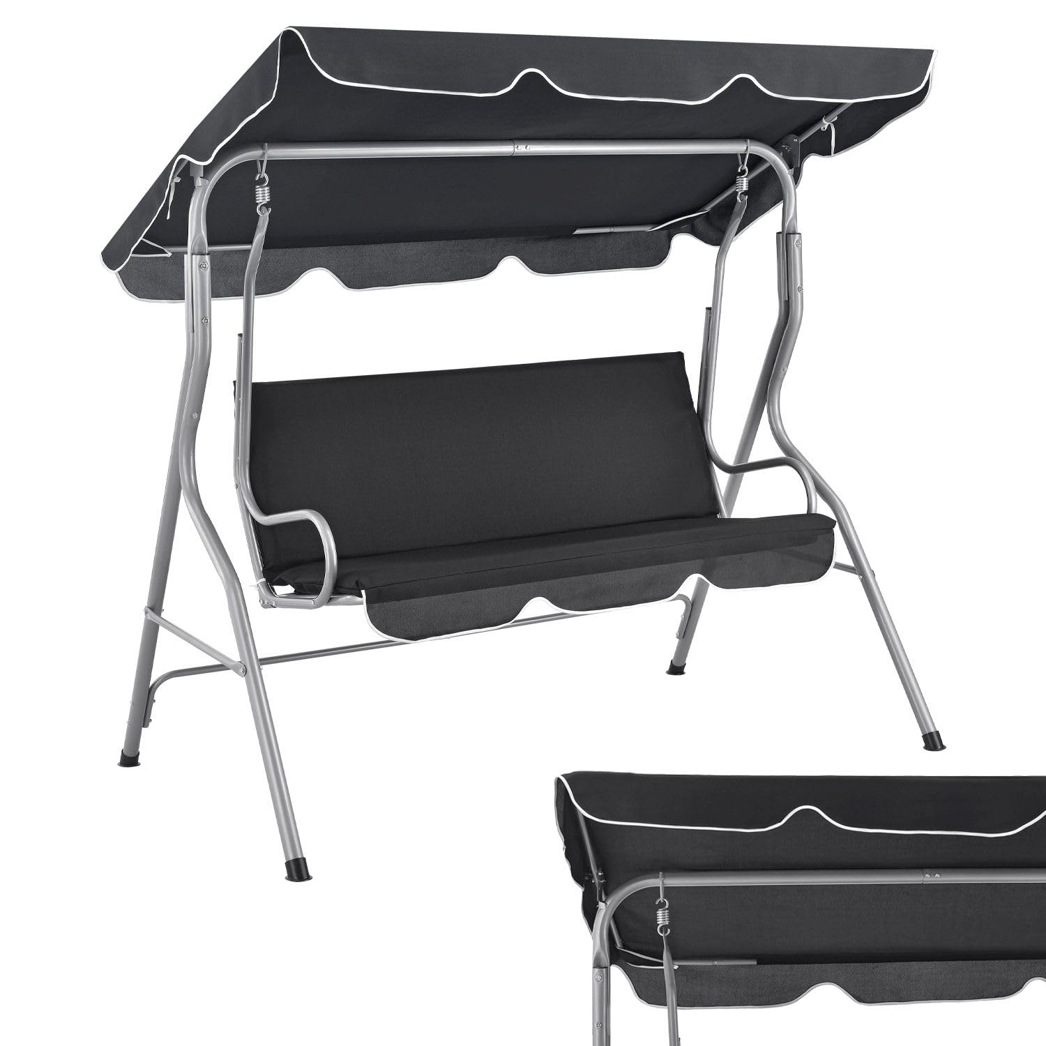 Juskys Balançoire Hollywood avec Toit et Coussin de siège - balançoire de Jardin 200 kg Chargeable - Banc de balançoire pour Jardin et terrasse- Gris, 3 Places