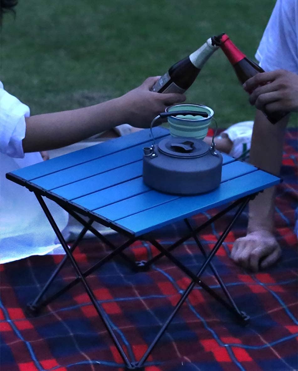 AOUTACC Portable Folding Camping Table, Lightweight Foldable Camp Table Collapsible Aluminum Hard-Topped Table Top with Carry Bag for Picnic Cooking Camping Beach Festival (S, Blue)