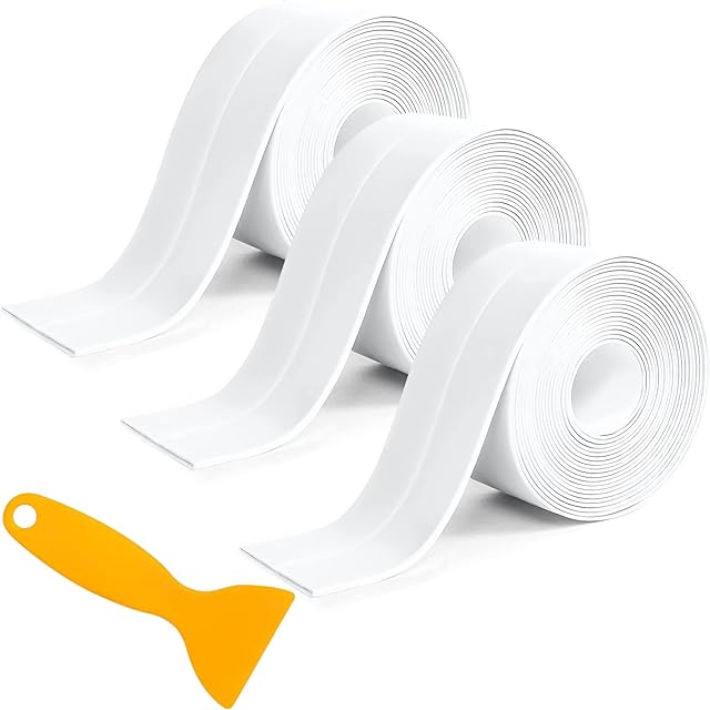 3 Rolls Bath Sealant Strip Self Adhesive Sealant Tape Shower Tray Sealing Strip Anti Mould and Waterproof Sealing Tape for Bathroom Kitchen Worktop Caulk Strip (378inches x 1.5inches) (White)